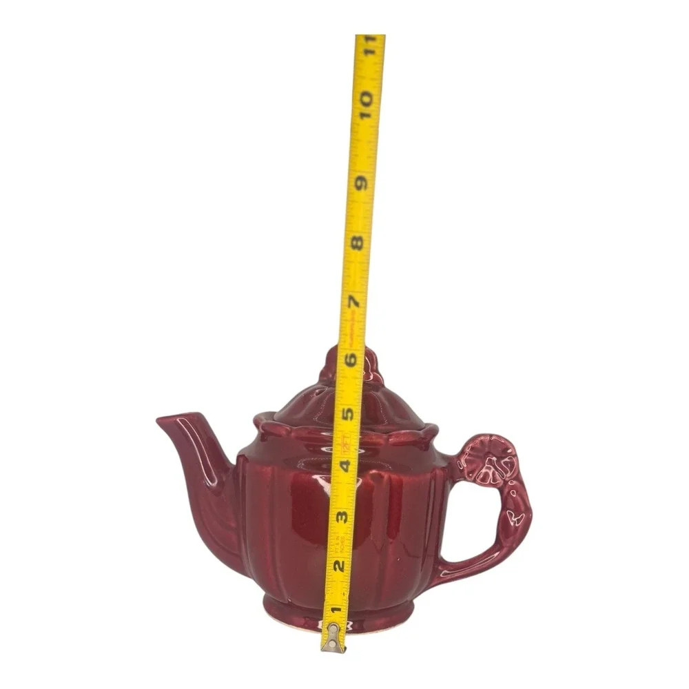 Vintage Shawnee  Burgundy‎ Red Ceramic Teapot 1940s Rosette Handle Finial Top 6